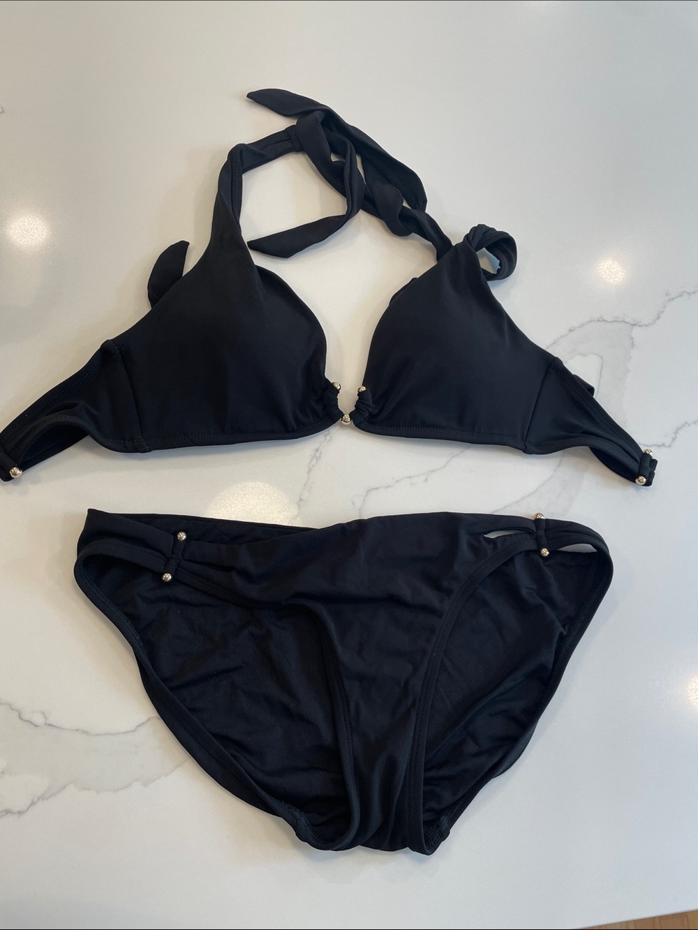Robin Piccone Black Halter Bikini with Gold Bead Accents